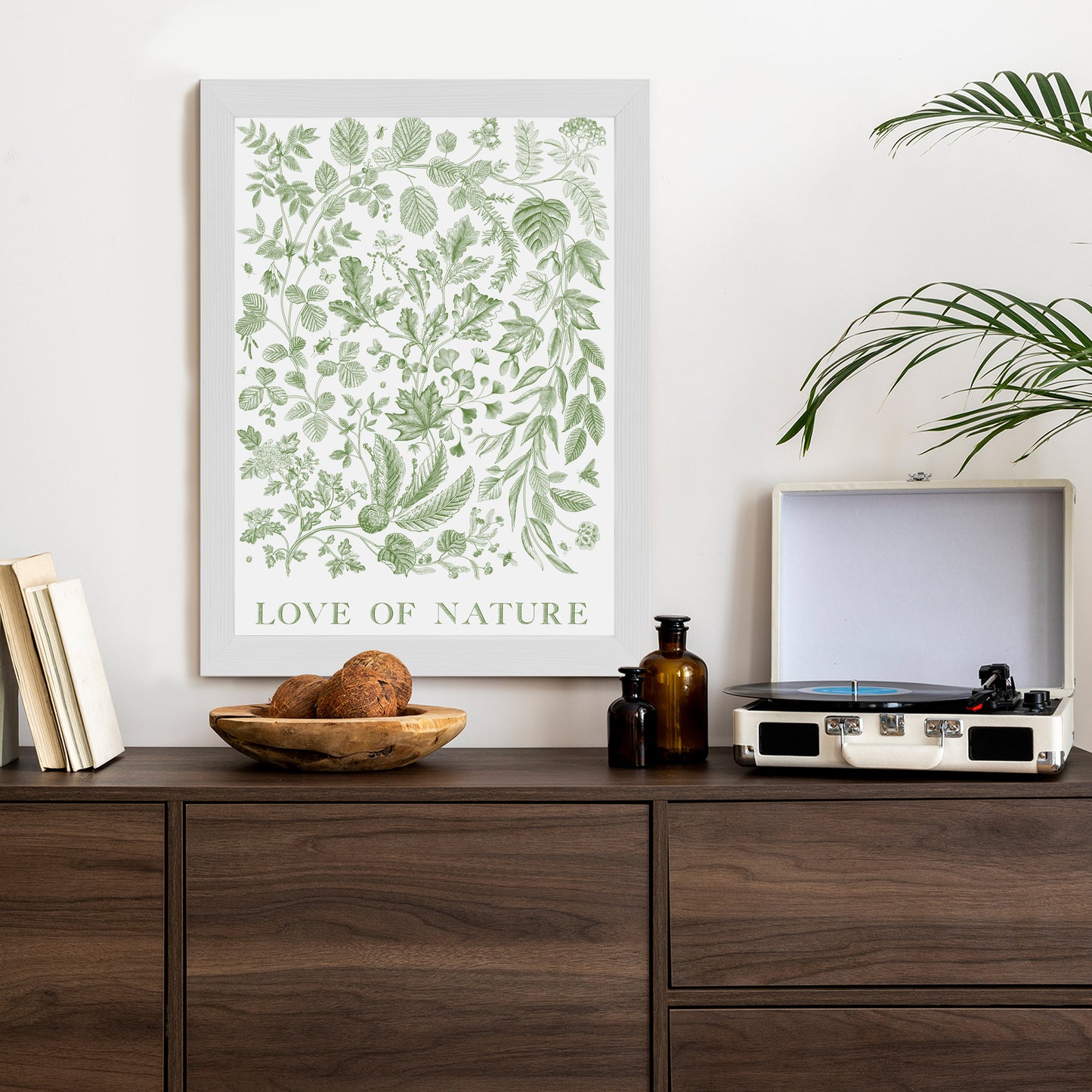 Poster Gezeichnete Naturblätter In Grünen Farben Rahmen Holz Mit Passepartout Farbe Natürlich