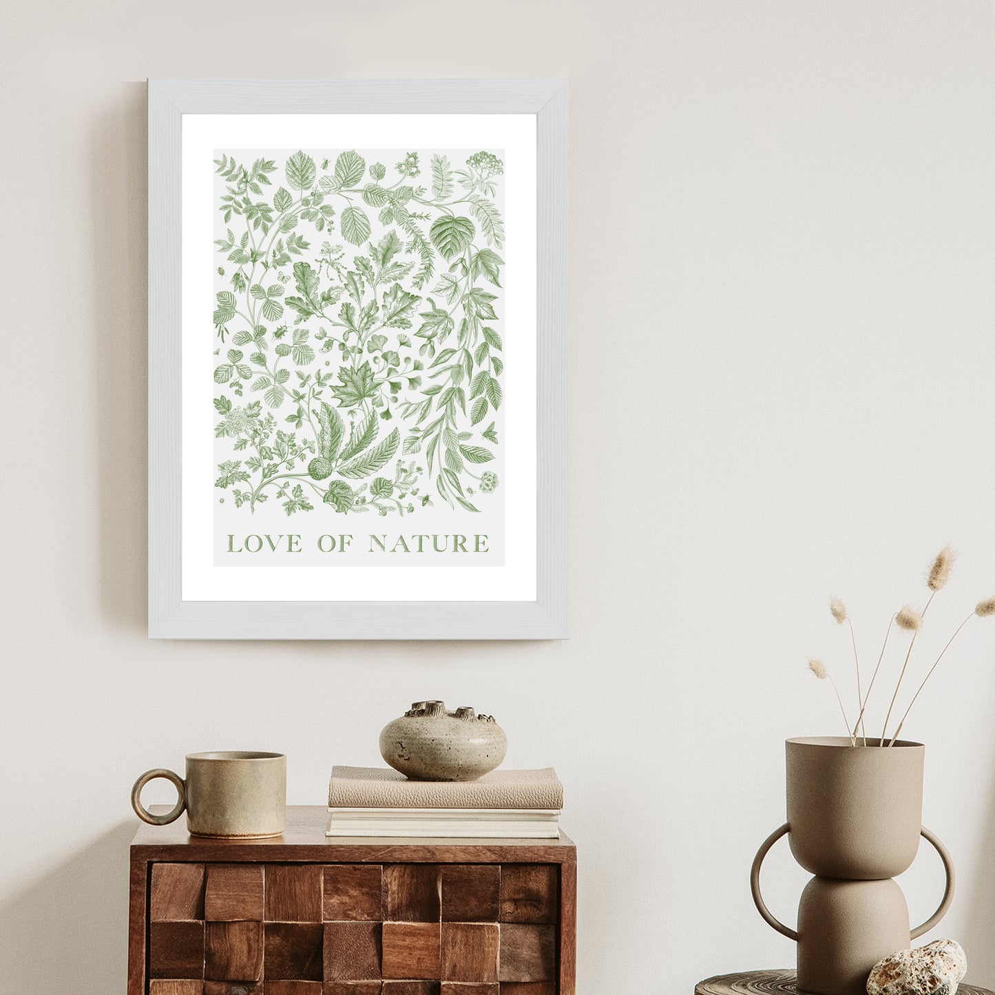 Poster Gezeichnete Naturblätter In Grünen Farben Rahmen Holz Mit Passepartout Farbe Natürlich