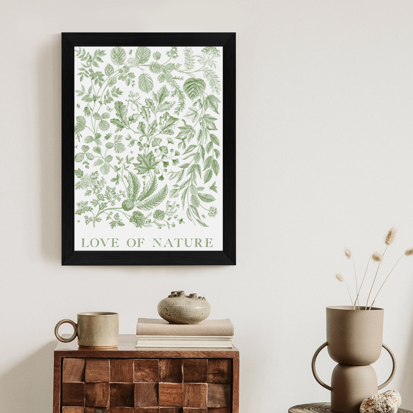 Poster Gezeichnete Naturblätter In Grünen Farben Rahmen Holz Mit Passepartout Farbe Natürlich