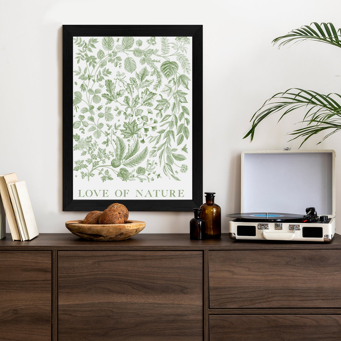 Poster Gezeichnete Naturblätter In Grünen Farben Rahmen Holz Mit Passepartout Farbe Natürlich