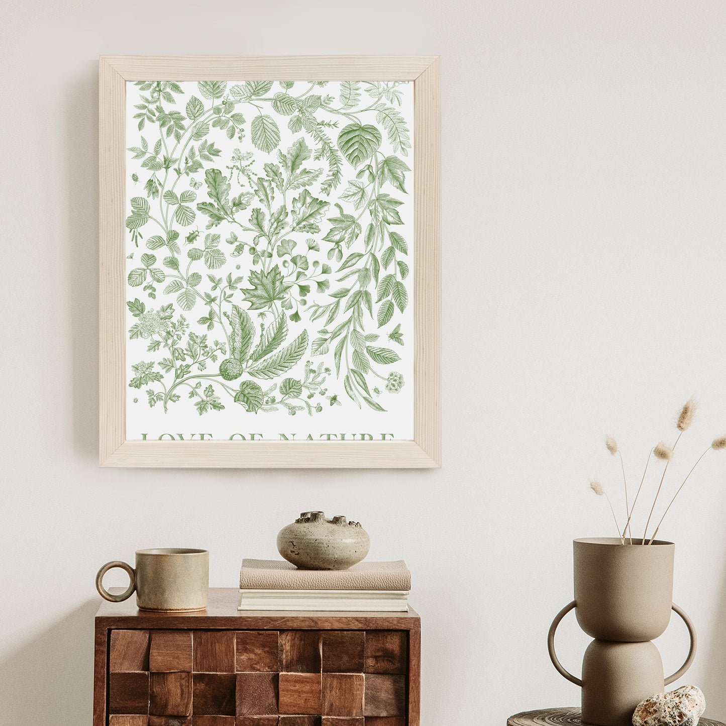 Poster Gezeichnete Naturblätter In Grünen Farben Rahmen Holz Mit Passepartout Farbe Natürlich