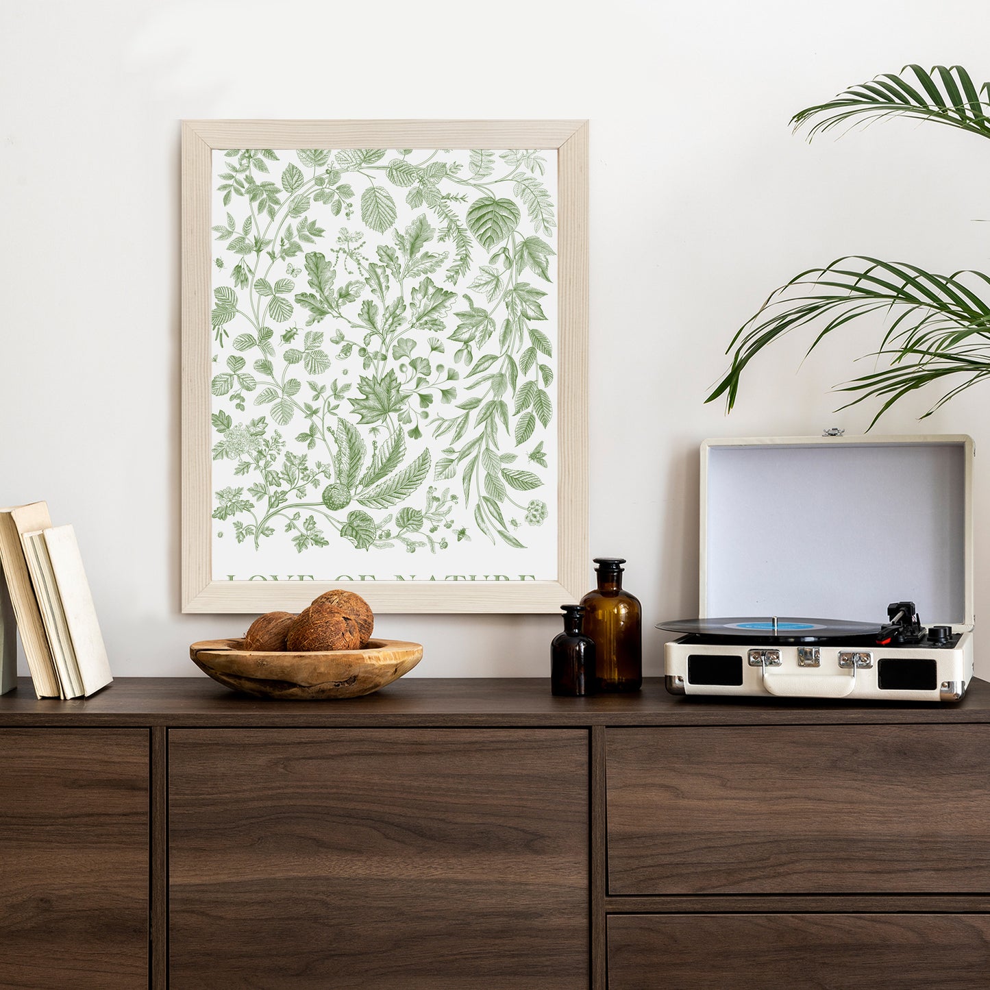 Poster Gezeichnete Naturblätter In Grünen Farben Rahmen Holz Mit Passepartout Farbe Natürlich