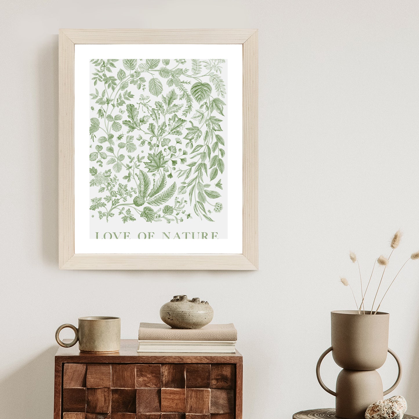 Poster Gezeichnete Naturblätter In Grünen Farben Rahmen Holz Mit Passepartout Farbe Natürlich