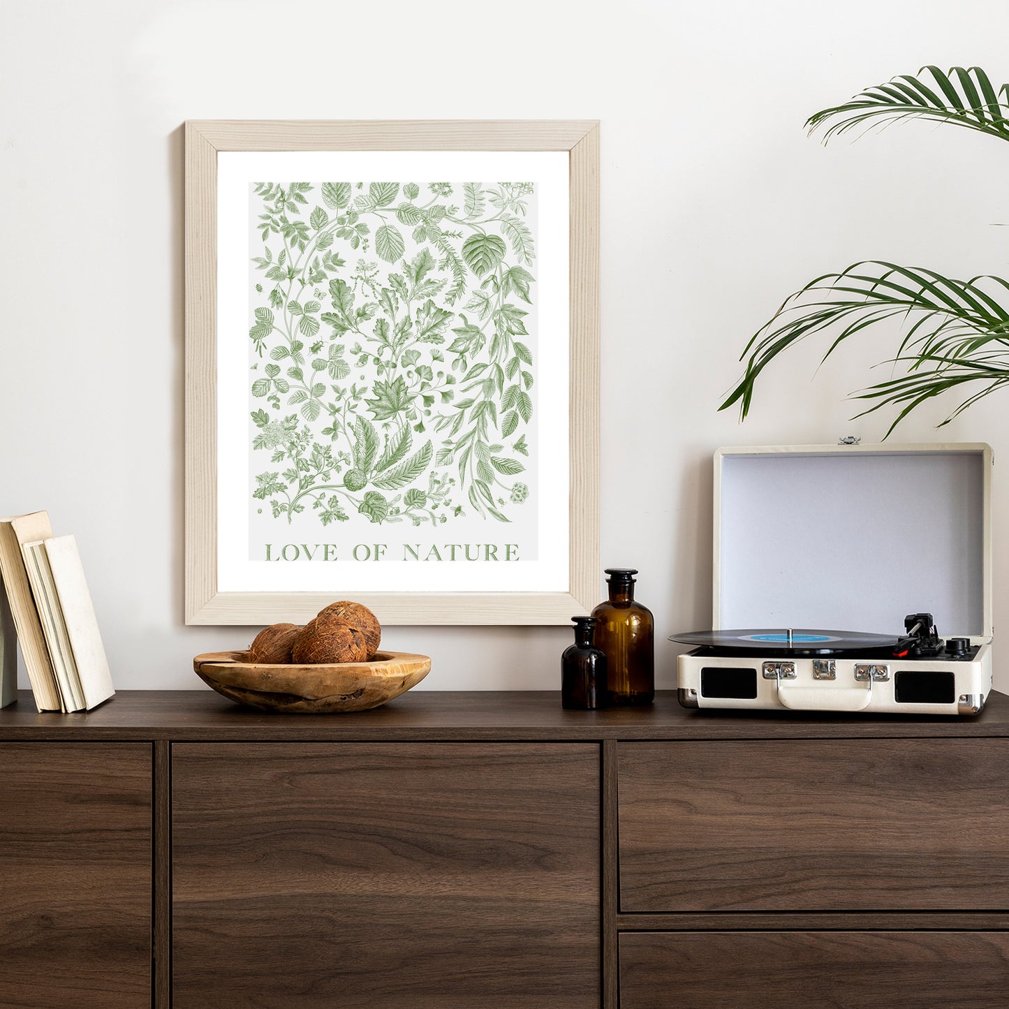 Poster Gezeichnete Naturblätter In Grünen Farben Rahmen Holz Mit Passepartout Farbe Natürlich