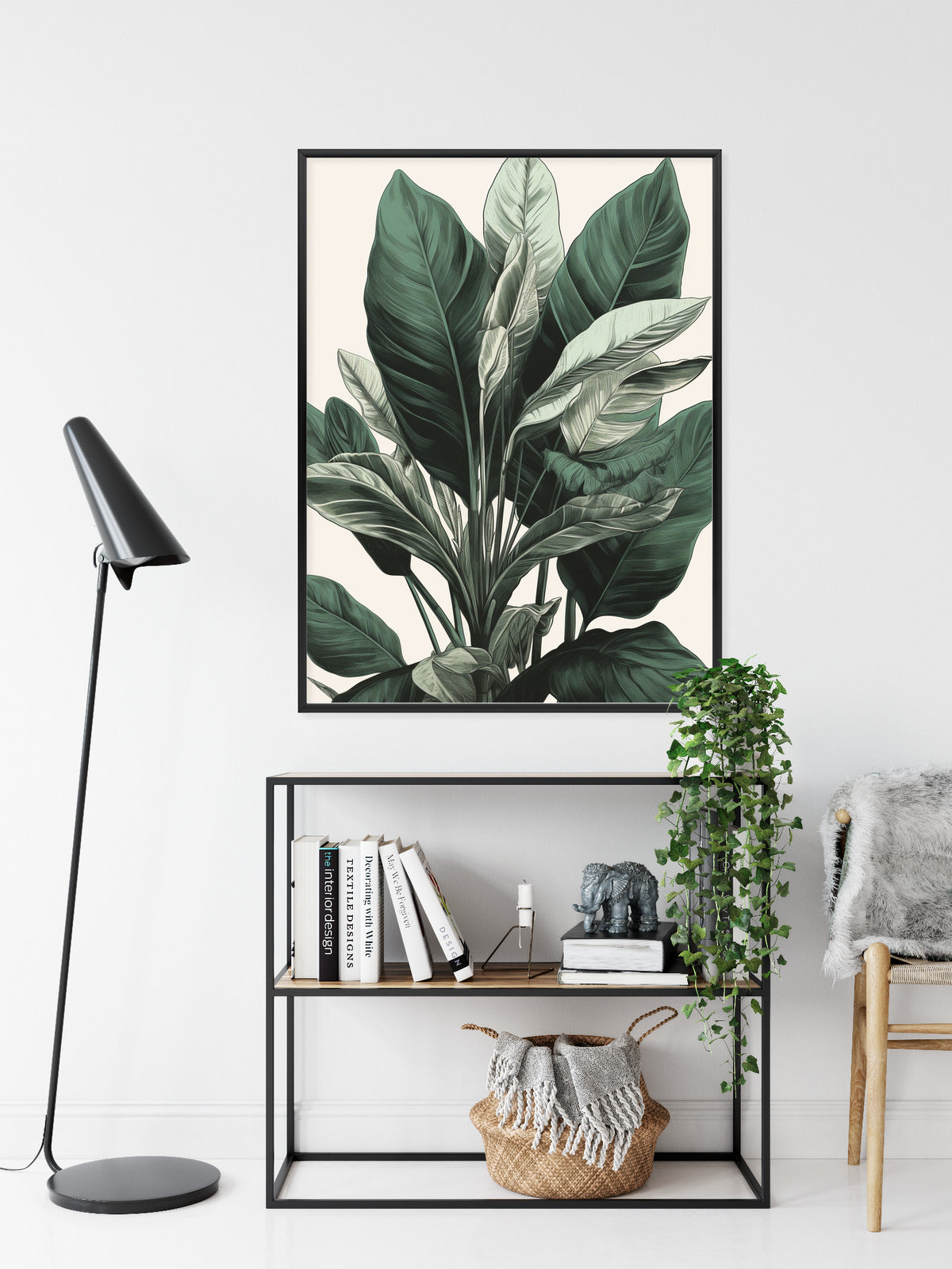 Poster Grüne Philodendronpflanze Rahmen Holz Mit Passepartout Farbe Natürlich