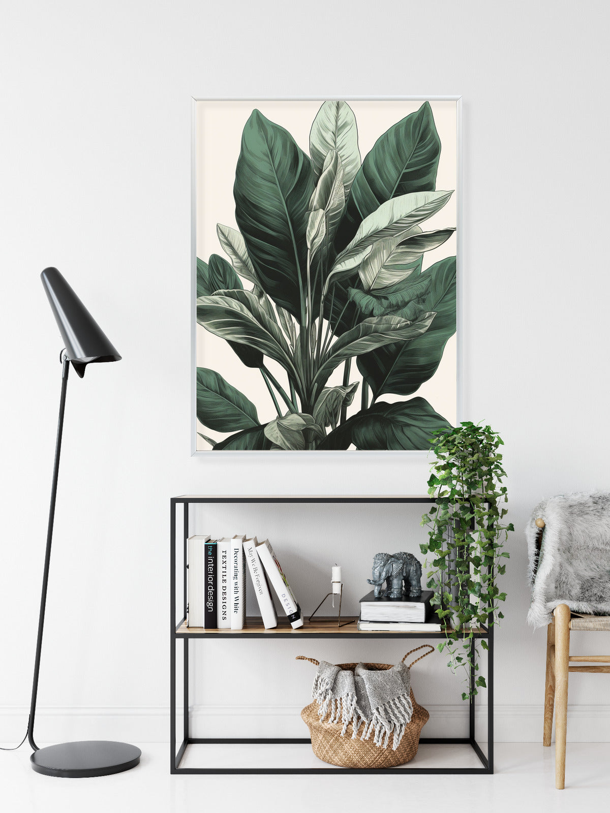 Poster Grüne Philodendronpflanze Rahmen Holz Mit Passepartout Farbe Natürlich