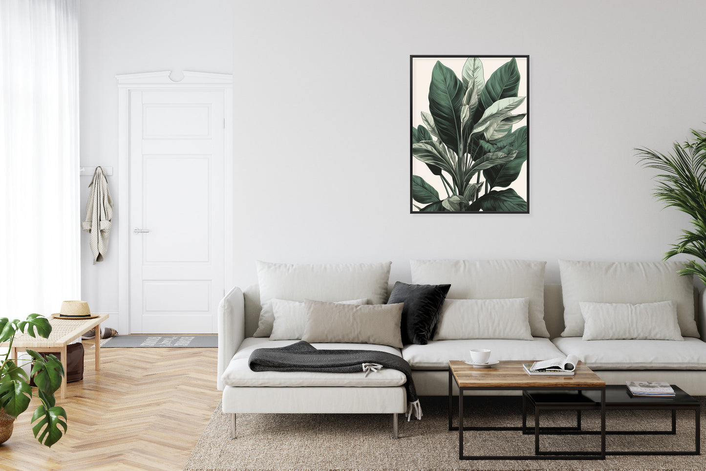 Poster Grüne Philodendronpflanze Rahmen Holz Mit Passepartout Farbe Natürlich