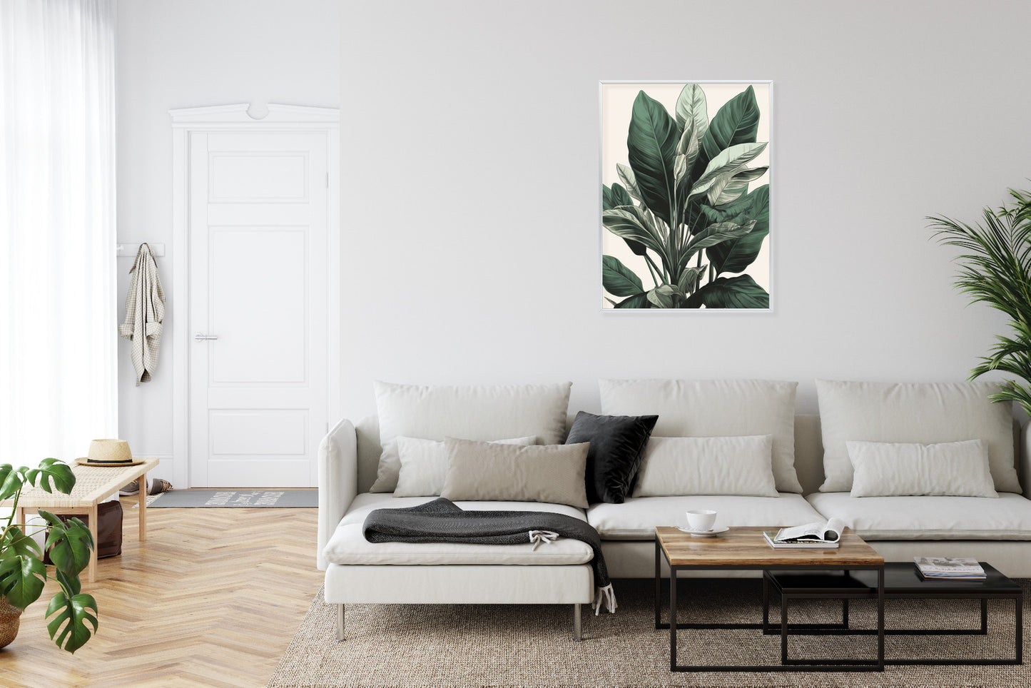 Poster Grüne Philodendronpflanze Rahmen Holz Mit Passepartout Farbe Natürlich