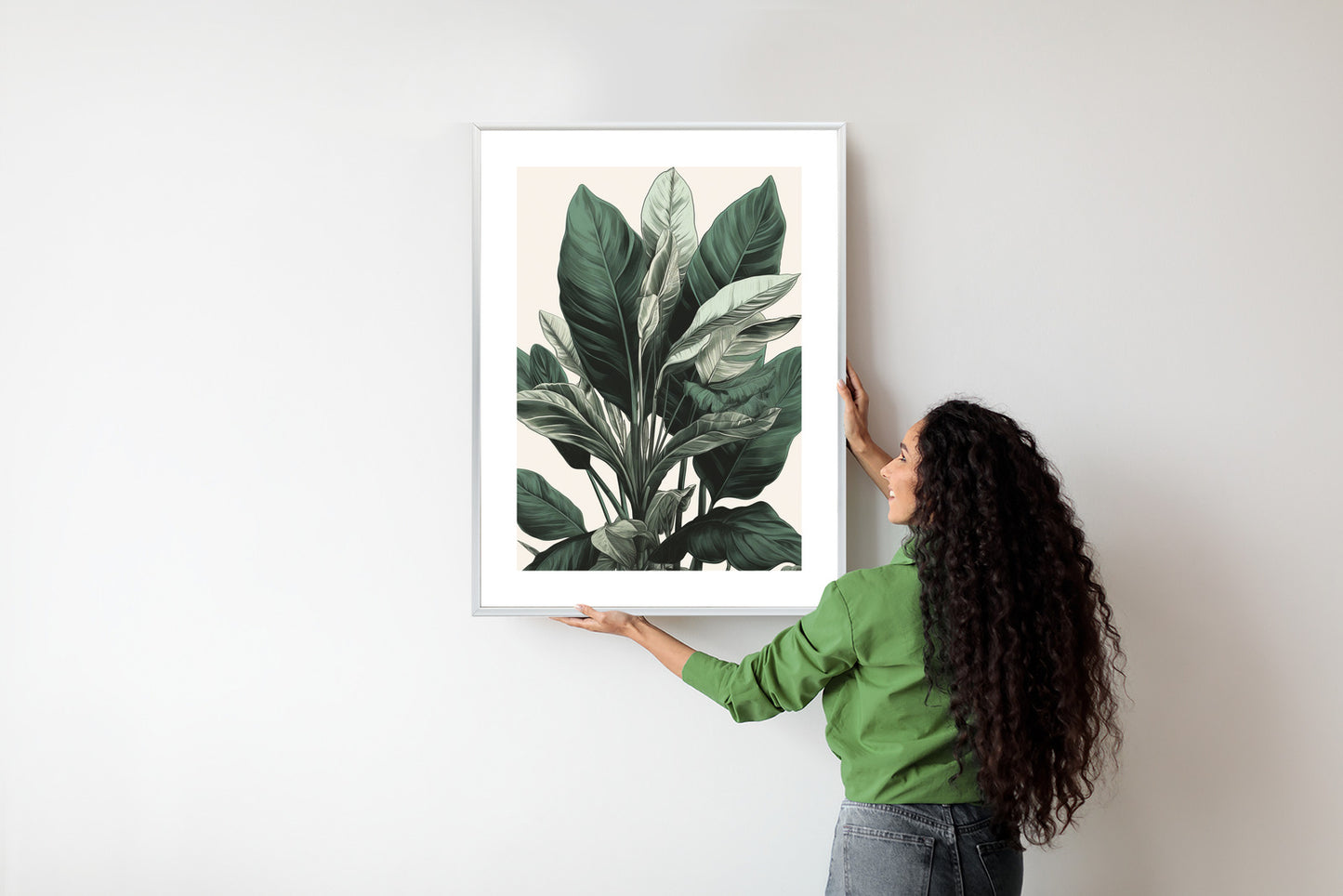 Poster Grüne Philodendronpflanze Rahmen Holz Mit Passepartout Farbe Natürlich