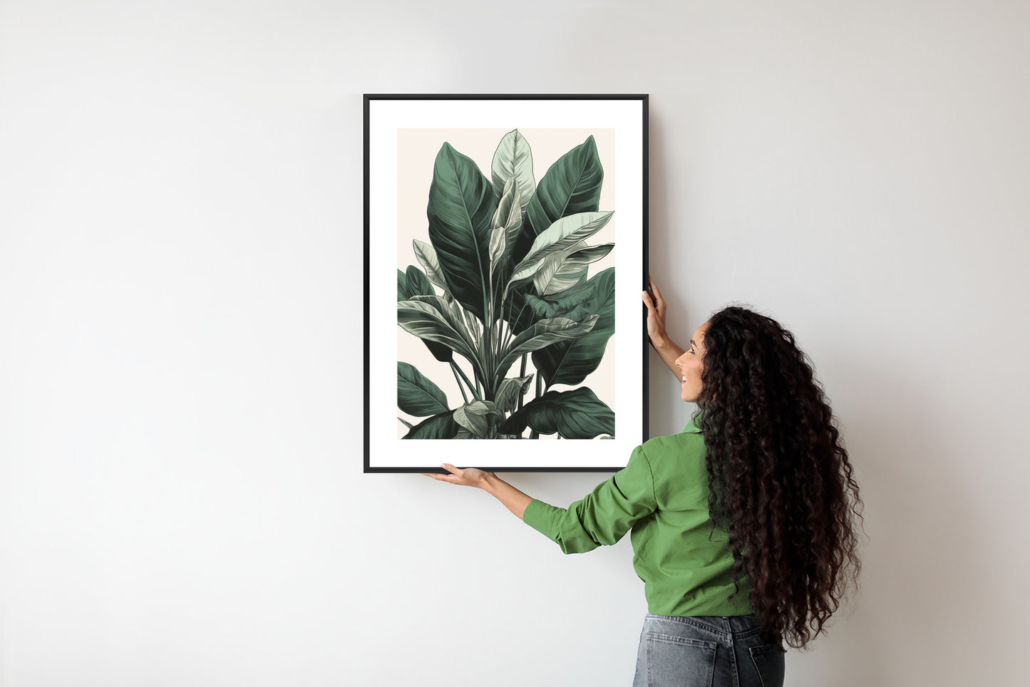 Poster Grüne Philodendronpflanze Rahmen Holz Mit Passepartout Farbe Natürlich