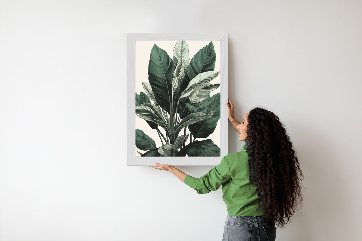 Poster Grüne Philodendronpflanze Rahmen Holz Mit Passepartout Farbe Natürlich