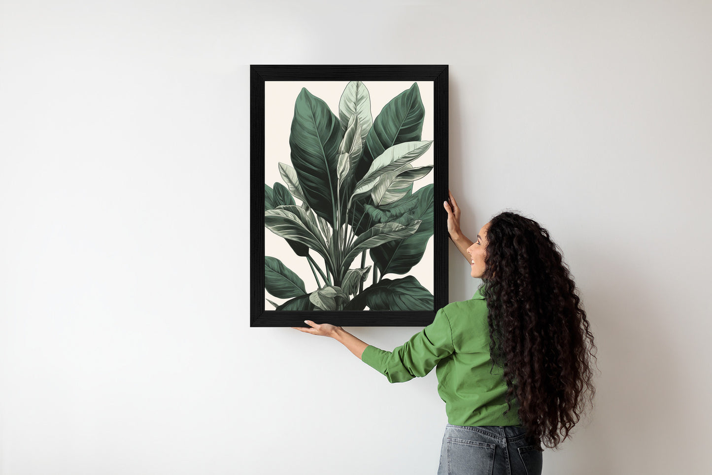Poster Grüne Philodendronpflanze Rahmen Holz Mit Passepartout Farbe Natürlich