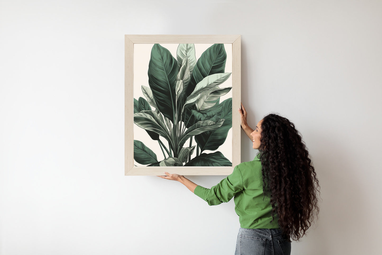 Poster Grüne Philodendronpflanze Rahmen Holz Mit Passepartout Farbe Natürlich
