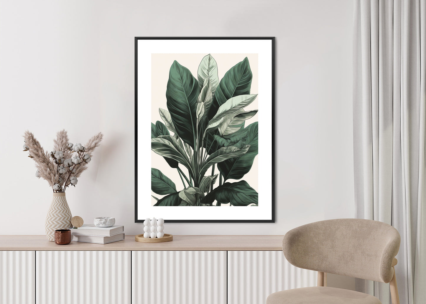 Poster Grüne Philodendronpflanze Rahmen Holz Mit Passepartout Farbe Natürlich