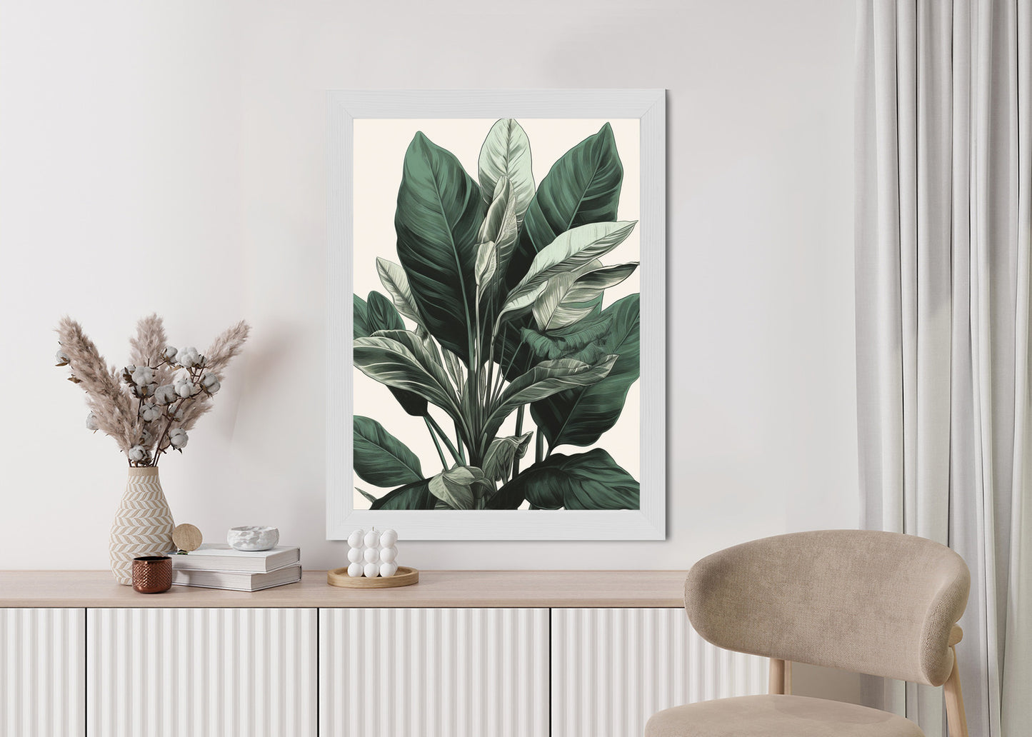 Poster Grüne Philodendronpflanze Rahmen Holz Mit Passepartout Farbe Natürlich