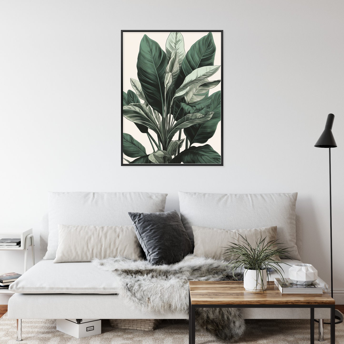 Poster Grüne Philodendronpflanze Rahmen Holz Mit Passepartout Farbe Natürlich