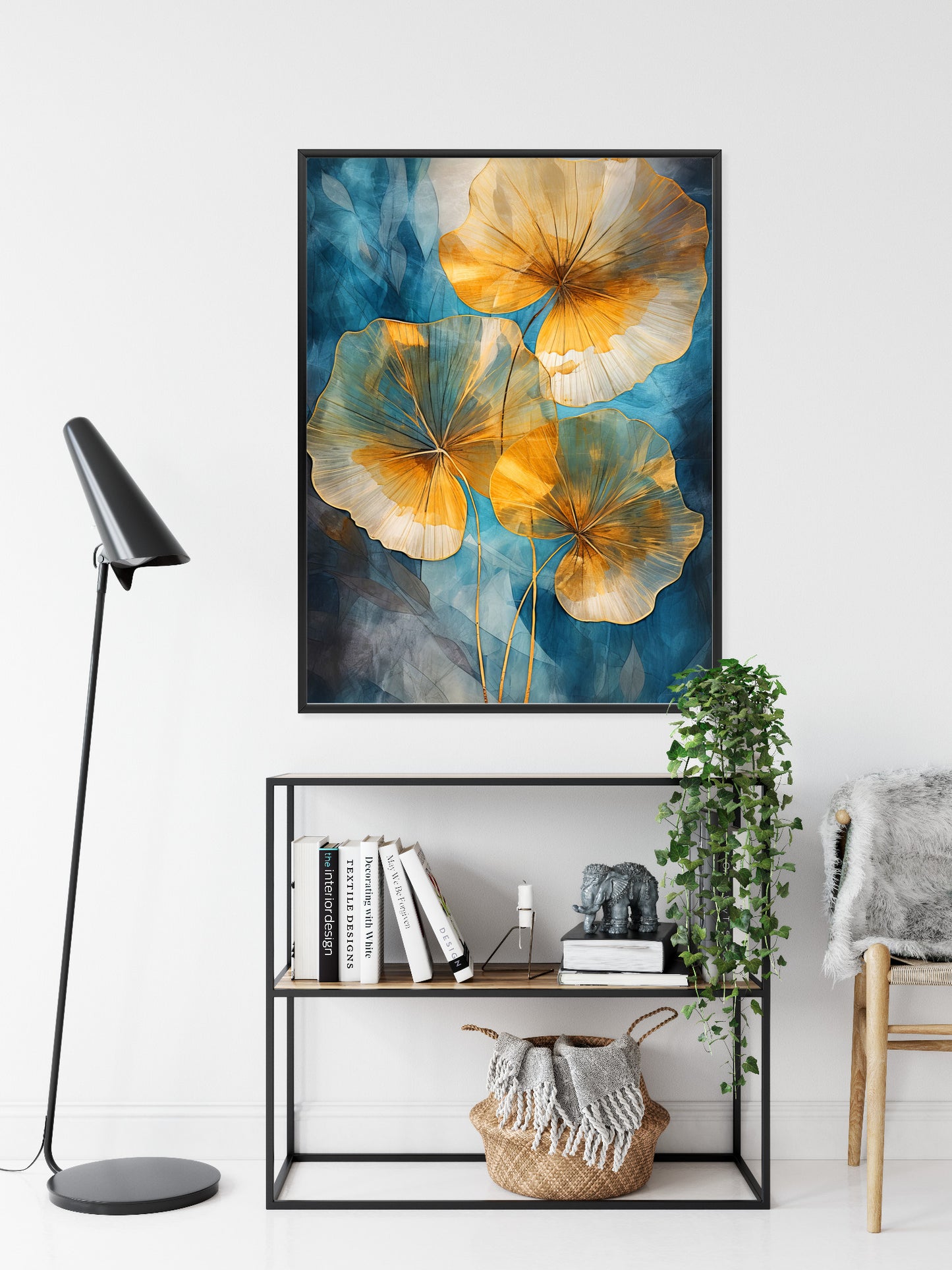 Poster Abstrakte Goldene Blätter Auf Blauem Hintergrund Rahmen Holz Mit Passepartout Farbe Natürlich