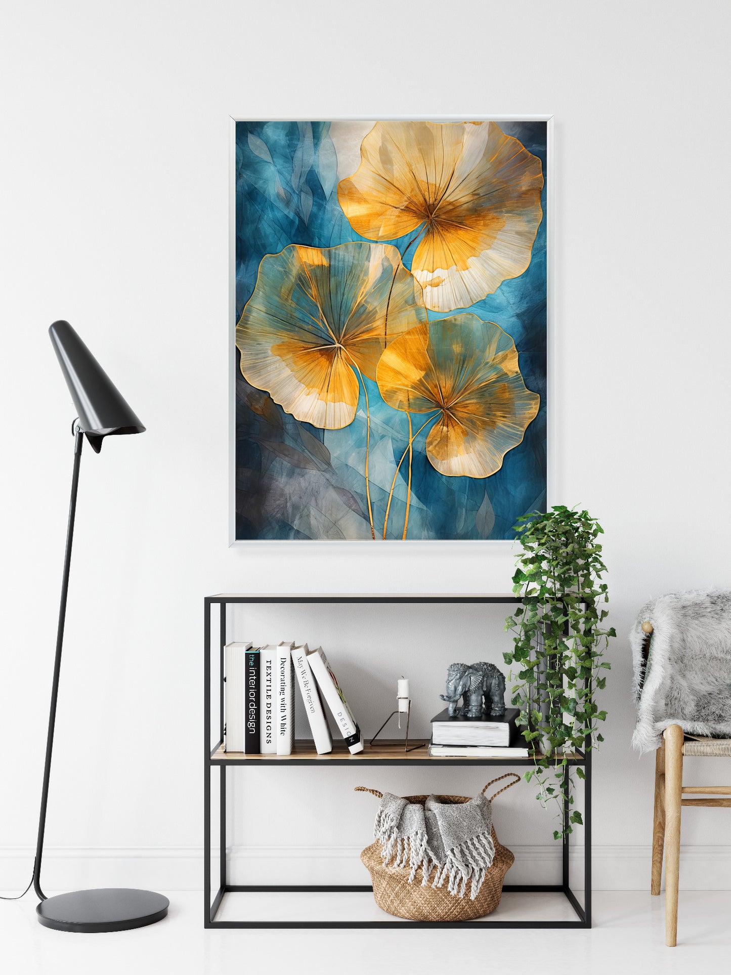 Poster Abstrakte Goldene Blätter Auf Blauem Hintergrund Rahmen Holz Mit Passepartout Farbe Natürlich