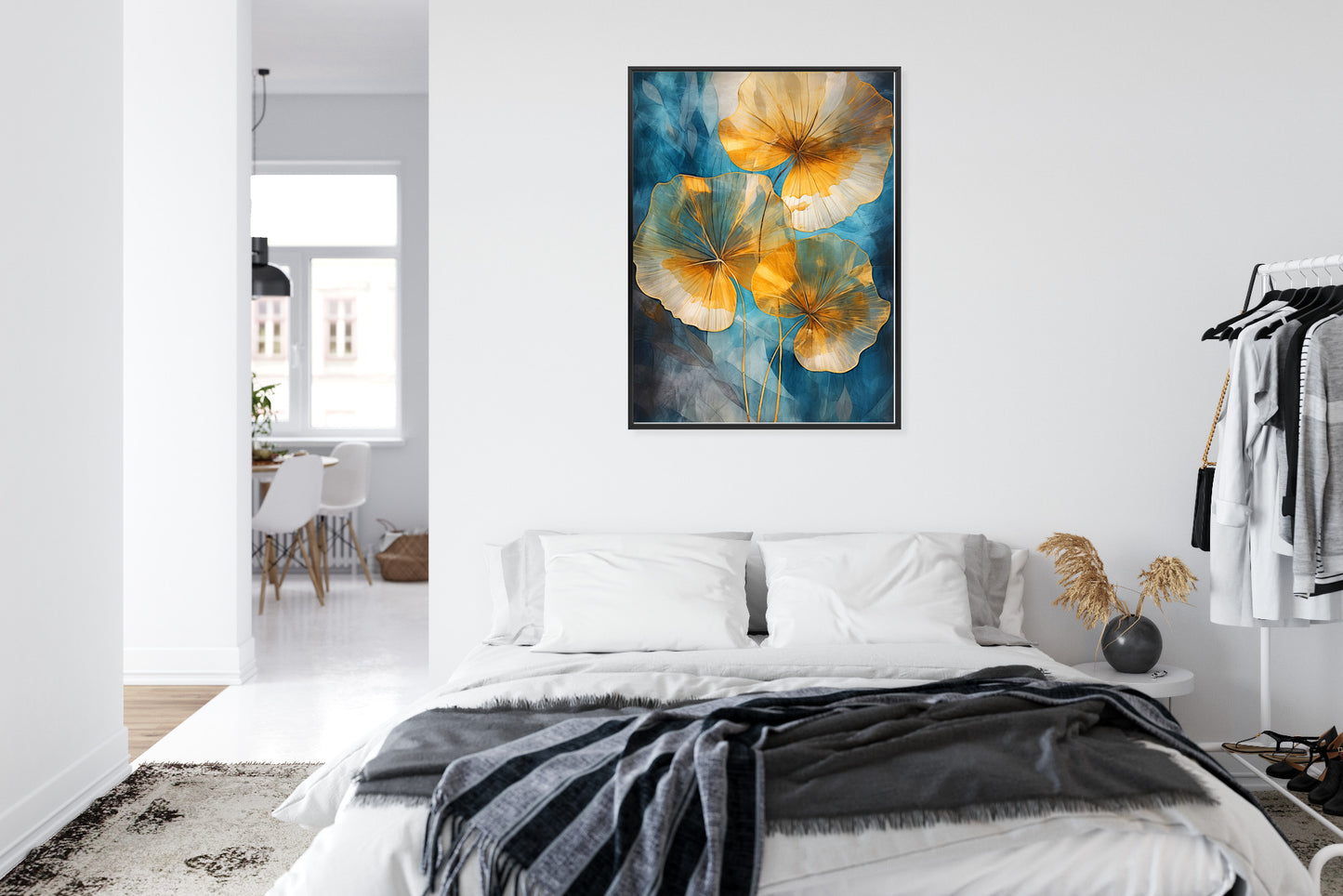 Poster Abstrakte Goldene Blätter Auf Blauem Hintergrund Rahmen Holz Mit Passepartout Farbe Natürlich