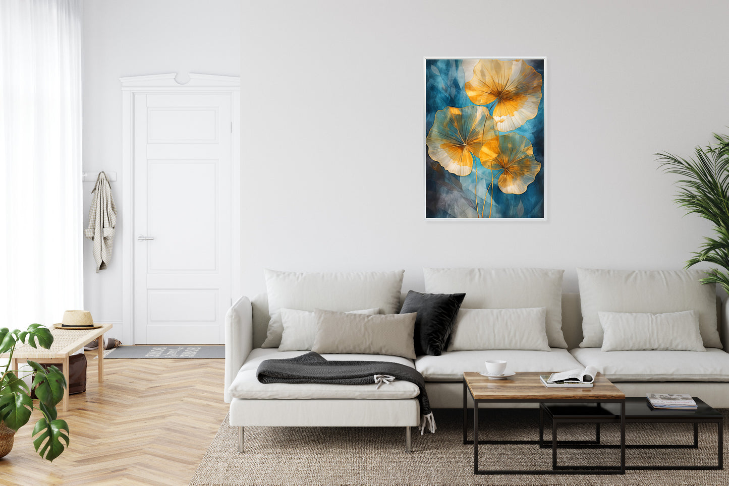 Poster Abstrakte Goldene Blätter Auf Blauem Hintergrund Rahmen Holz Mit Passepartout Farbe Natürlich