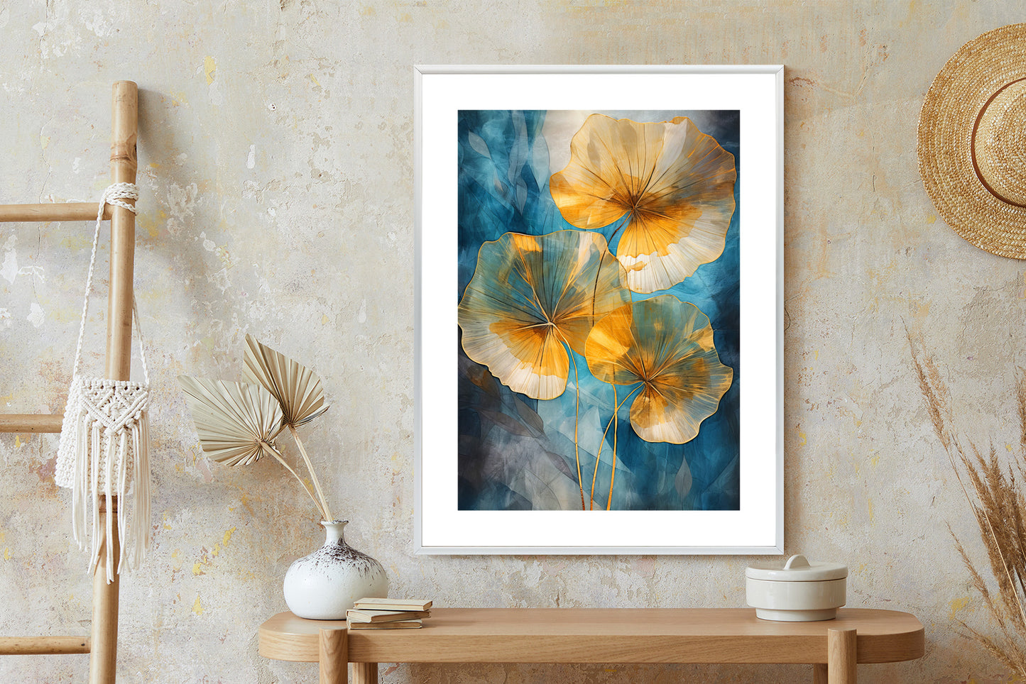 Poster Abstrakte Goldene Blätter Auf Blauem Hintergrund Rahmen Holz Mit Passepartout Farbe Natürlich