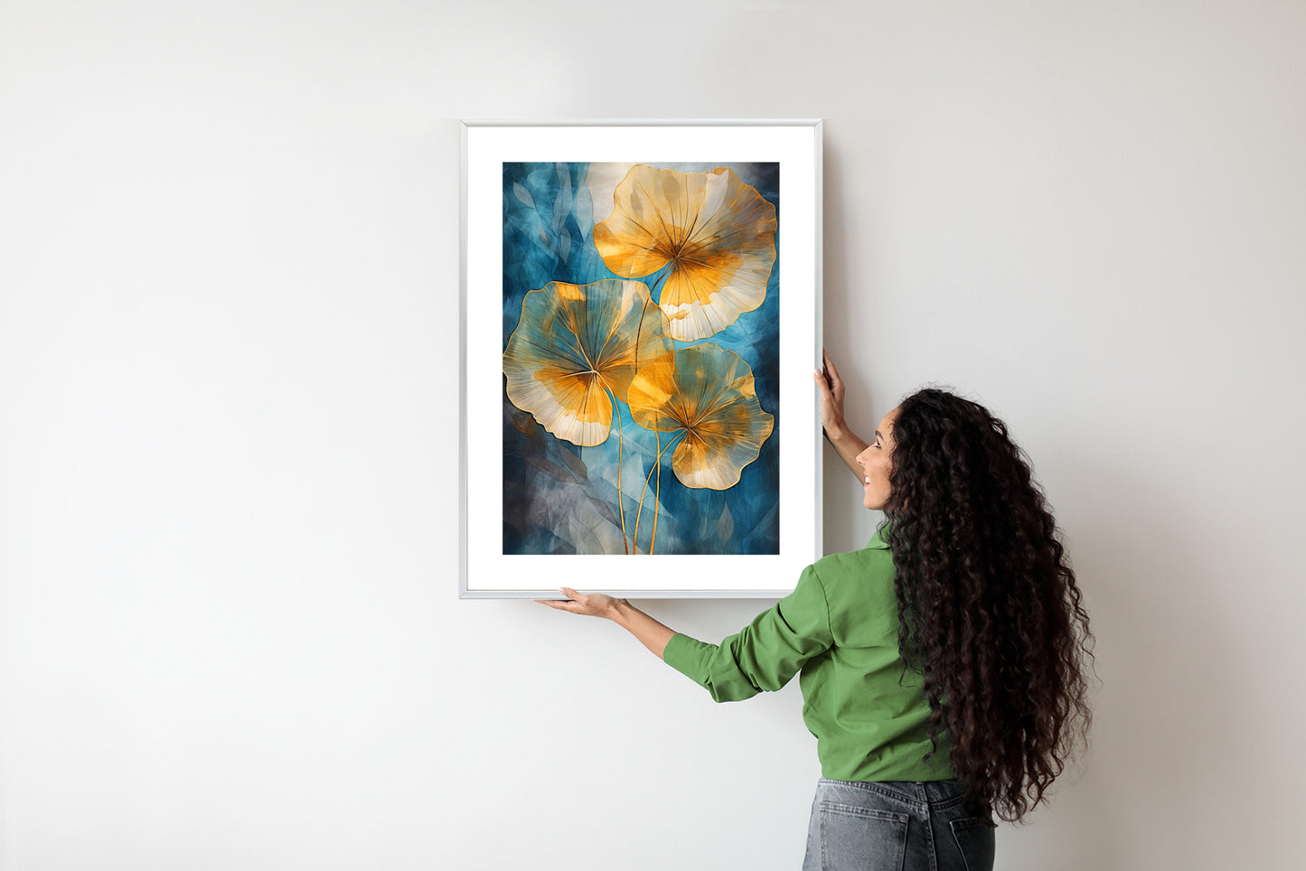 Poster Abstrakte Goldene Blätter Auf Blauem Hintergrund Rahmen Holz Mit Passepartout Farbe Natürlich