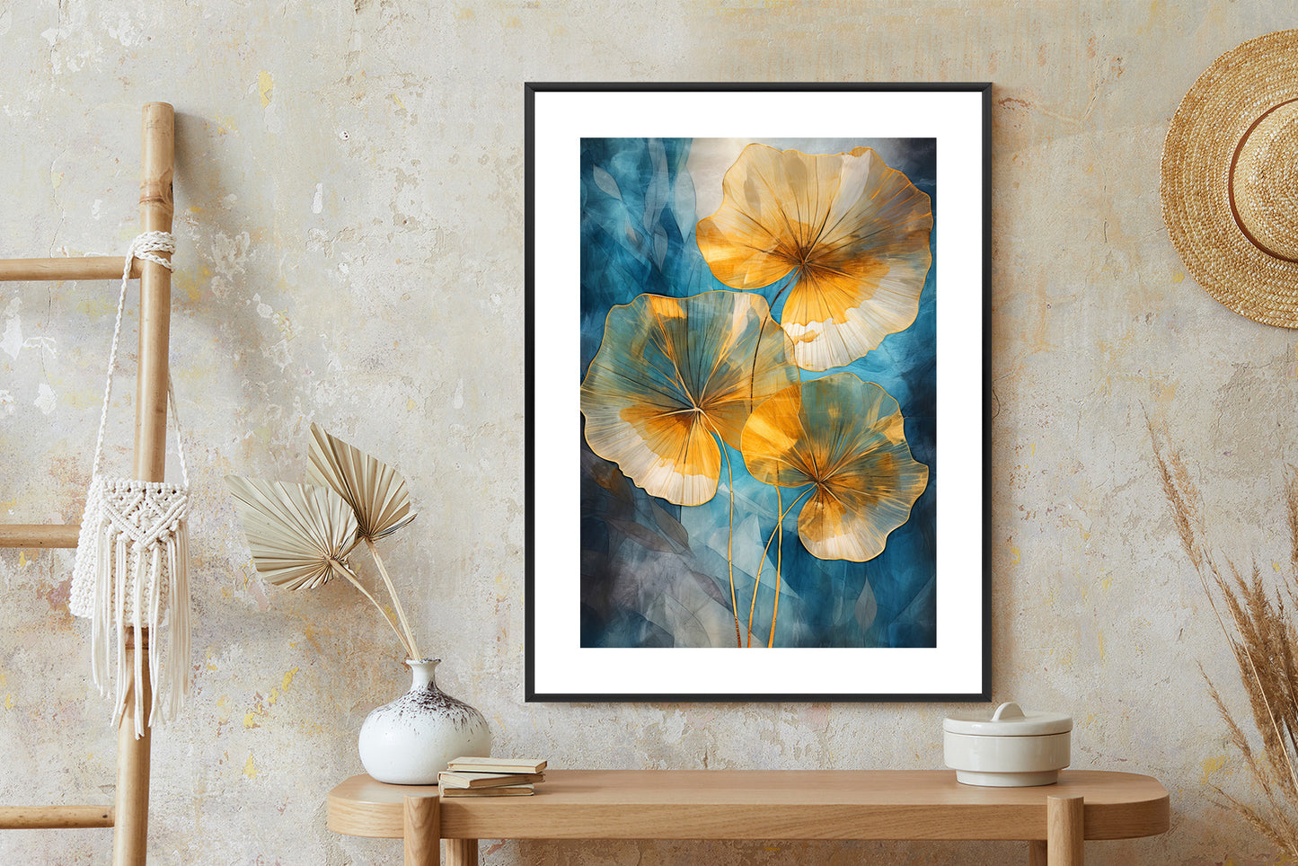 Poster Abstrakte Goldene Blätter Auf Blauem Hintergrund Rahmen Holz Mit Passepartout Farbe Natürlich