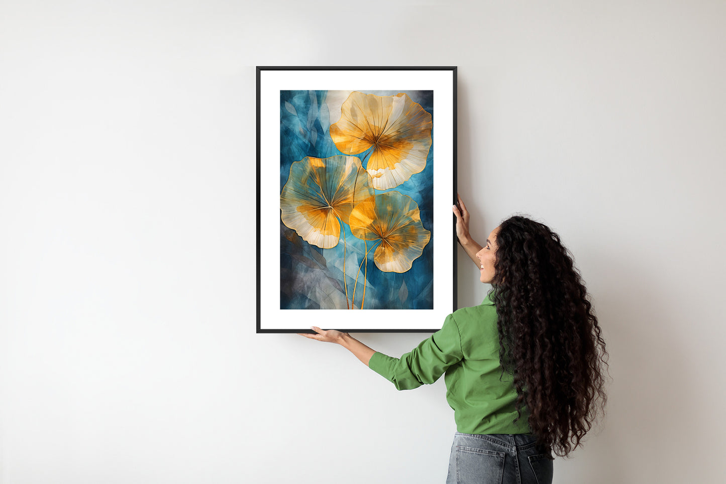 Poster Abstrakte Goldene Blätter Auf Blauem Hintergrund Rahmen Holz Mit Passepartout Farbe Natürlich