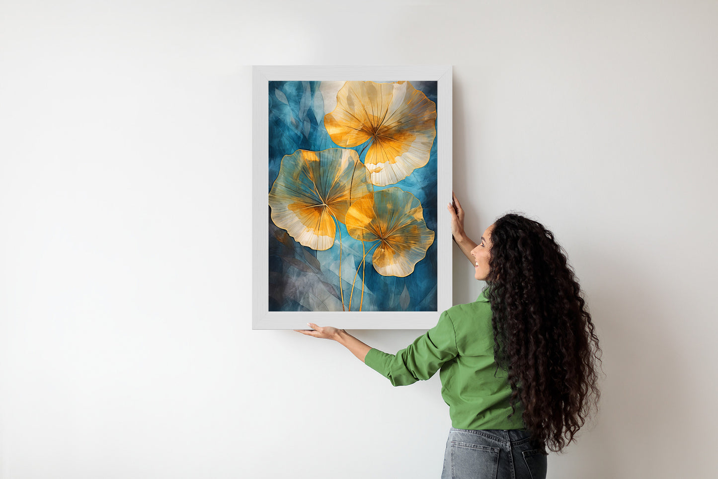 Poster Abstrakte Goldene Blätter Auf Blauem Hintergrund Rahmen Holz Mit Passepartout Farbe Natürlich