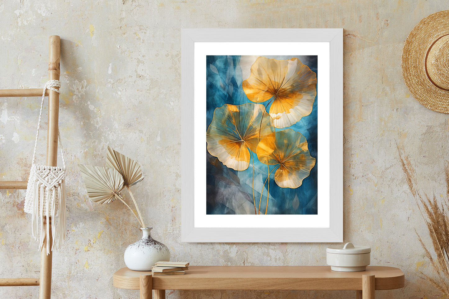 Poster Abstrakte Goldene Blätter Auf Blauem Hintergrund Rahmen Holz Mit Passepartout Farbe Natürlich