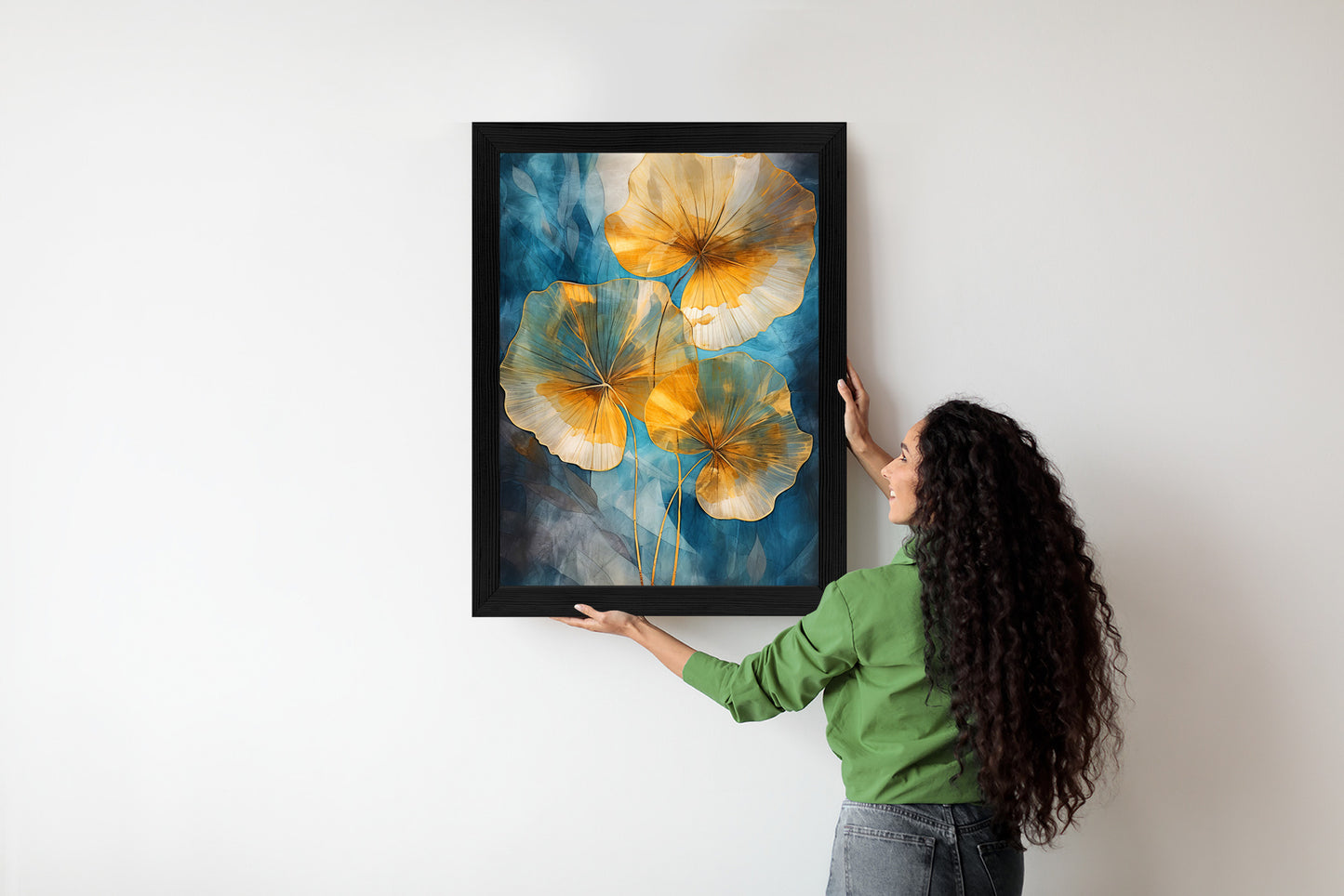 Poster Abstrakte Goldene Blätter Auf Blauem Hintergrund Rahmen Holz Mit Passepartout Farbe Natürlich