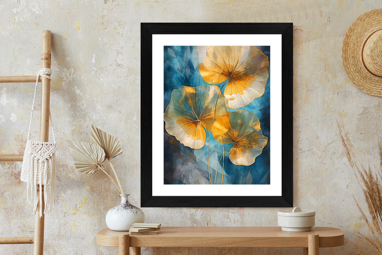 Poster Abstrakte Goldene Blätter Auf Blauem Hintergrund Rahmen Holz Mit Passepartout Farbe Natürlich