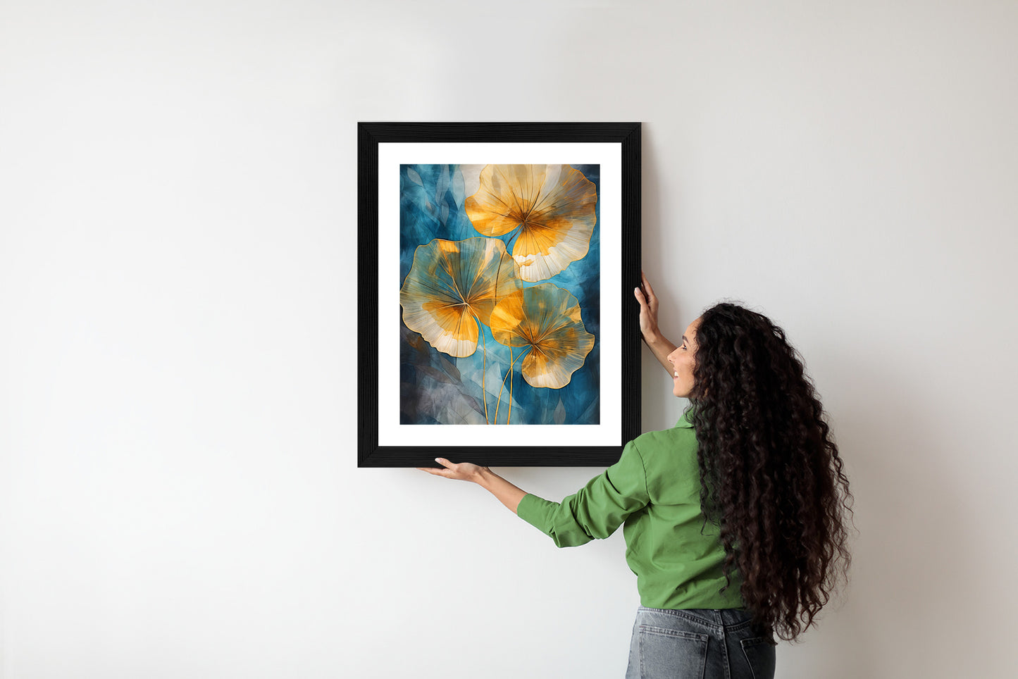 Poster Abstrakte Goldene Blätter Auf Blauem Hintergrund Rahmen Holz Mit Passepartout Farbe Natürlich