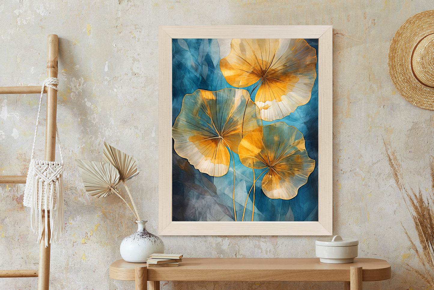 Poster Abstrakte Goldene Blätter Auf Blauem Hintergrund Rahmen Holz Mit Passepartout Farbe Natürlich