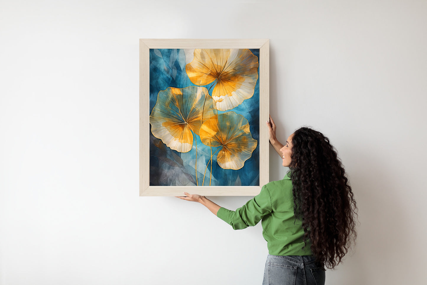 Poster Abstrakte Goldene Blätter Auf Blauem Hintergrund Rahmen Holz Mit Passepartout Farbe Natürlich