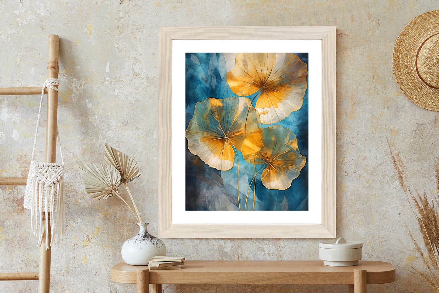 Poster Abstrakte Goldene Blätter Auf Blauem Hintergrund Rahmen Holz Mit Passepartout Farbe Natürlich