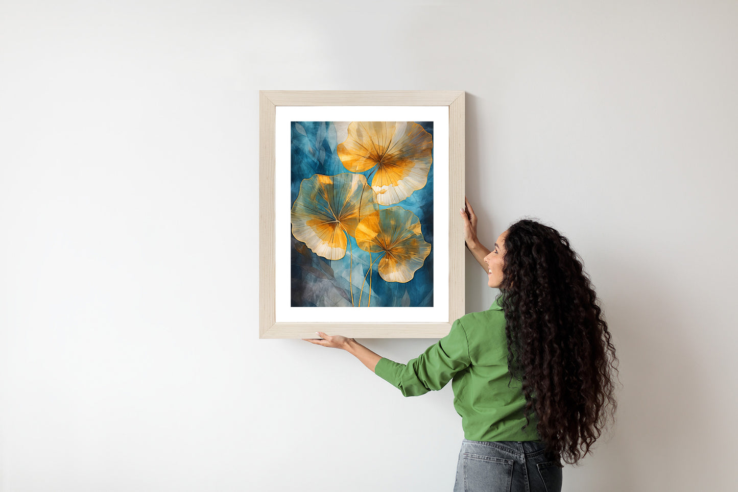 Poster Abstrakte Goldene Blätter Auf Blauem Hintergrund Rahmen Holz Mit Passepartout Farbe Natürlich