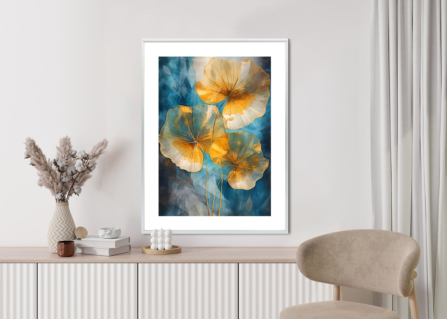 Poster Abstrakte Goldene Blätter Auf Blauem Hintergrund Rahmen Holz Mit Passepartout Farbe Natürlich
