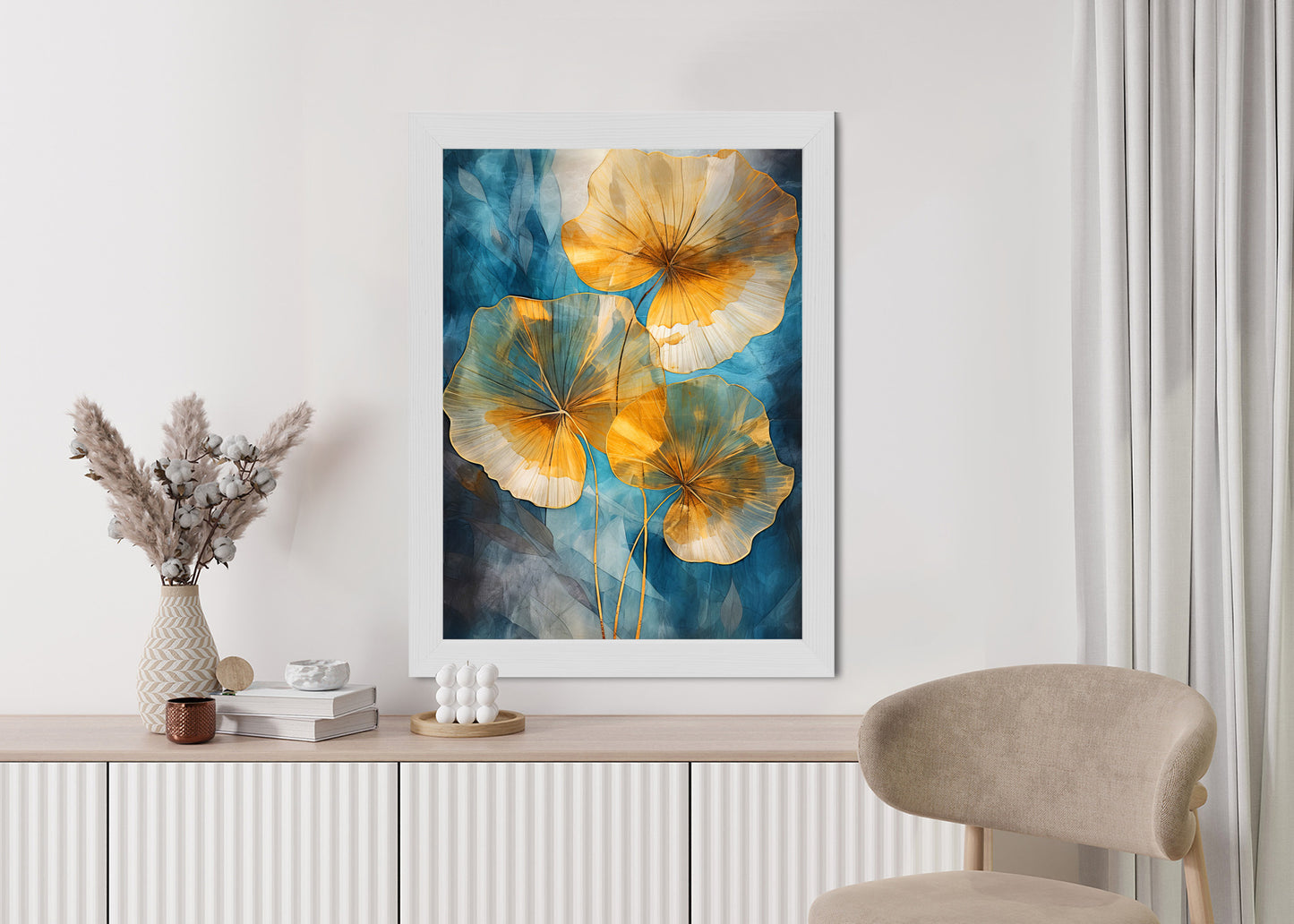 Poster Abstrakte Goldene Blätter Auf Blauem Hintergrund Rahmen Holz Mit Passepartout Farbe Natürlich