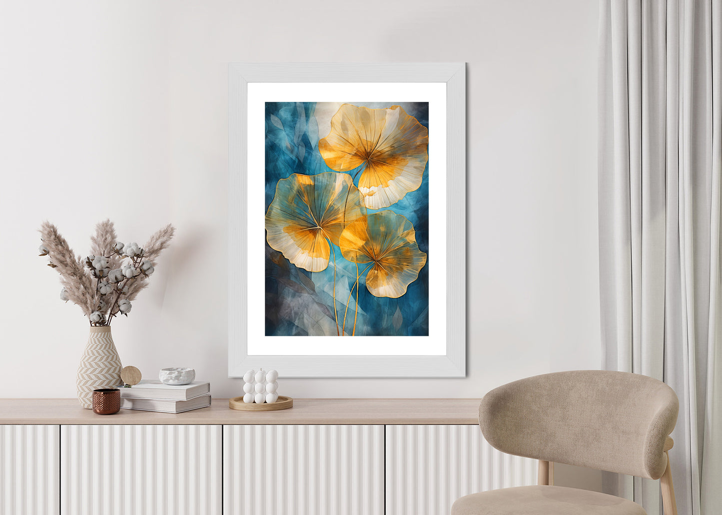 Poster Abstrakte Goldene Blätter Auf Blauem Hintergrund Rahmen Holz Mit Passepartout Farbe Natürlich