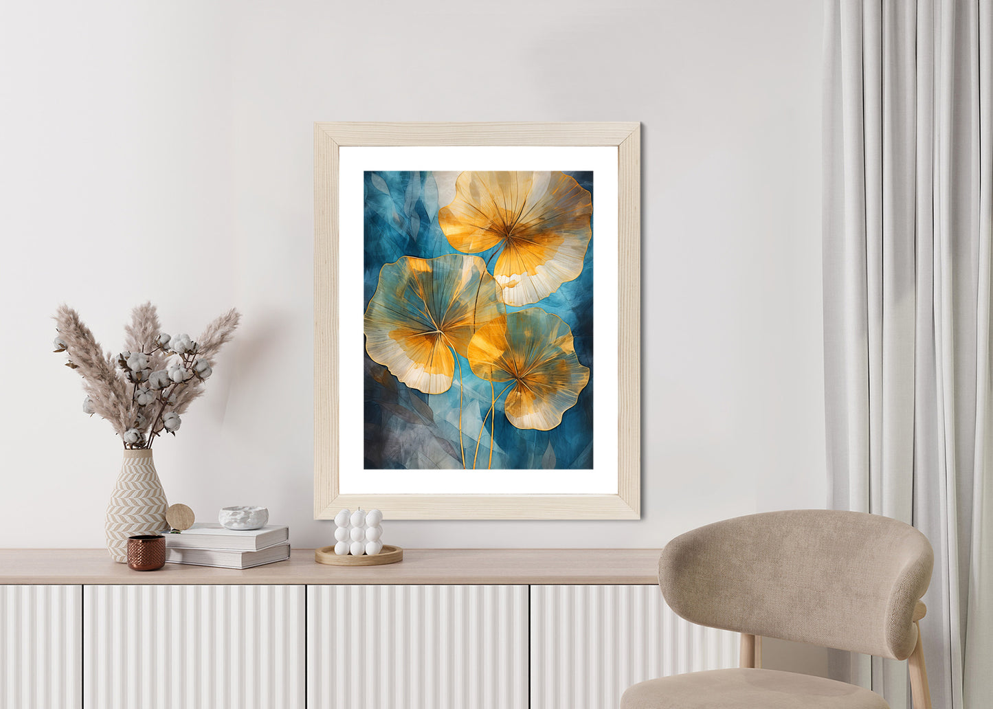 Poster Abstrakte Goldene Blätter Auf Blauem Hintergrund Rahmen Holz Mit Passepartout Farbe Natürlich