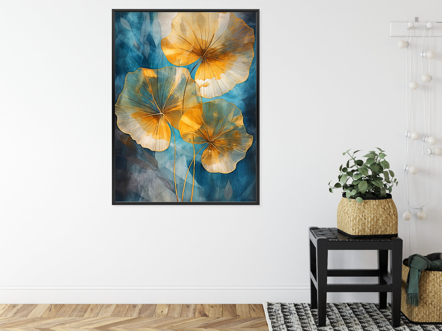 Poster Abstrakte Goldene Blätter Auf Blauem Hintergrund Rahmen Holz Mit Passepartout Farbe Natürlich