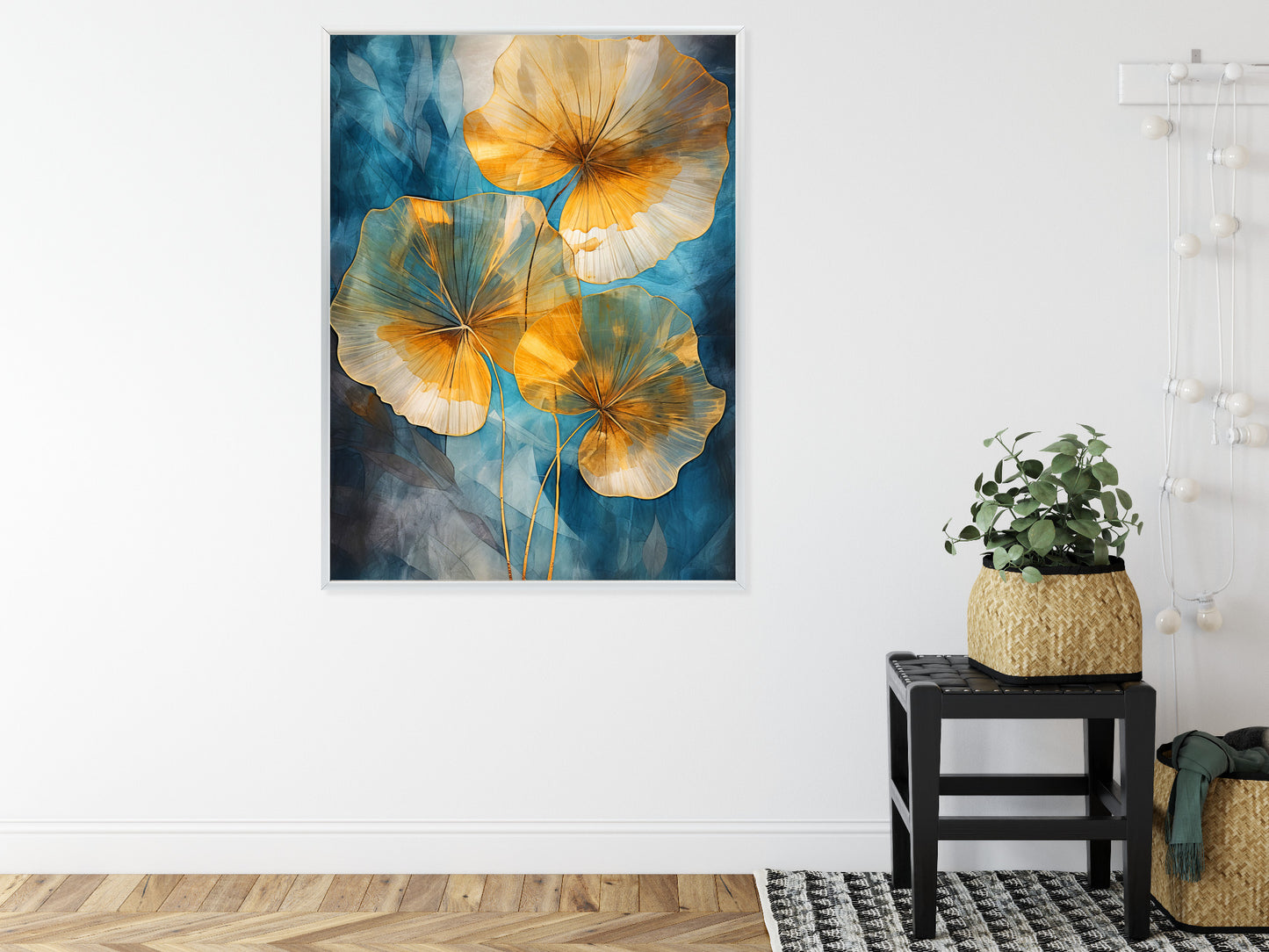 Poster Abstrakte Goldene Blätter Auf Blauem Hintergrund Rahmen Holz Mit Passepartout Farbe Natürlich