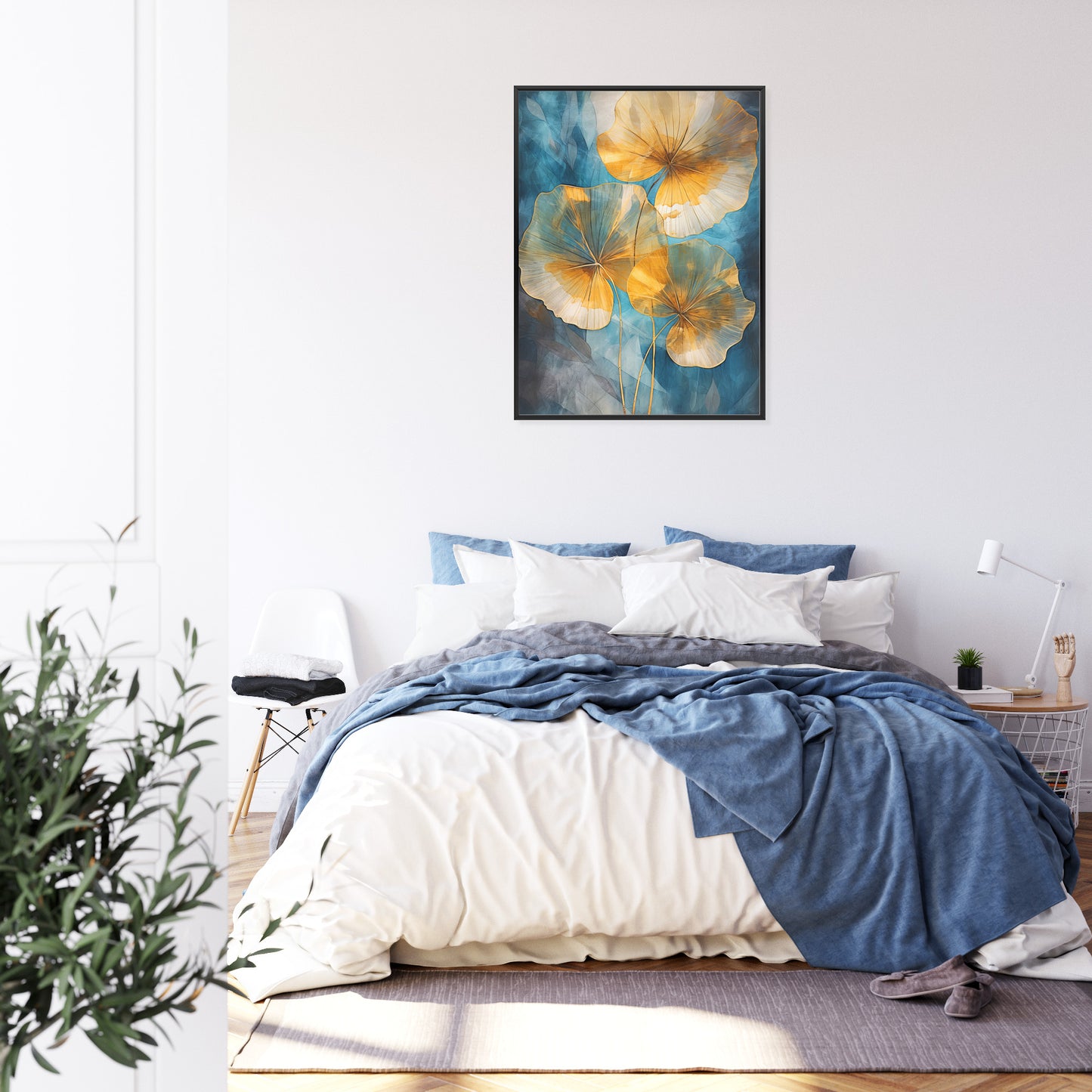 Poster Abstrakte Goldene Blätter Auf Blauem Hintergrund Rahmen Holz Mit Passepartout Farbe Natürlich