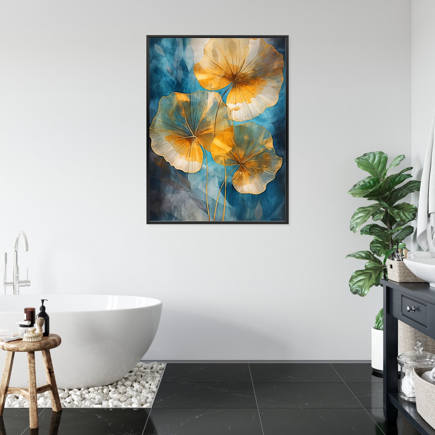 Poster Abstrakte Goldene Blätter Auf Blauem Hintergrund Rahmen Holz Mit Passepartout Farbe Natürlich