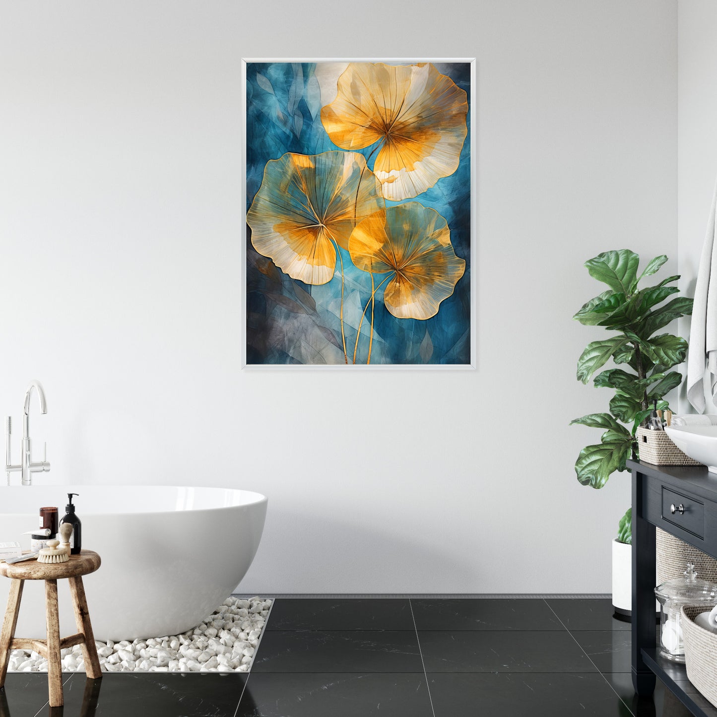 Poster Abstrakte Goldene Blätter Auf Blauem Hintergrund Rahmen Holz Mit Passepartout Farbe Natürlich