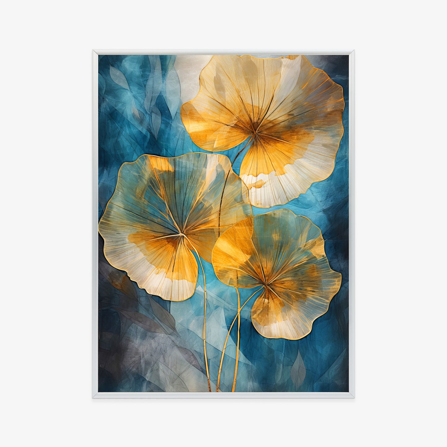 Poster Abstrakte Goldene Blätter Auf Blauem Hintergrund Rahmen Holz Mit Passepartout Farbe Natürlich