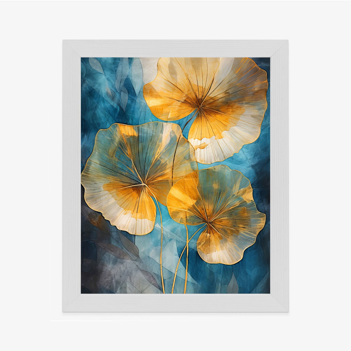 Poster Abstrakte Goldene Blätter Auf Blauem Hintergrund Rahmen Holz Mit Passepartout Farbe Natürlich