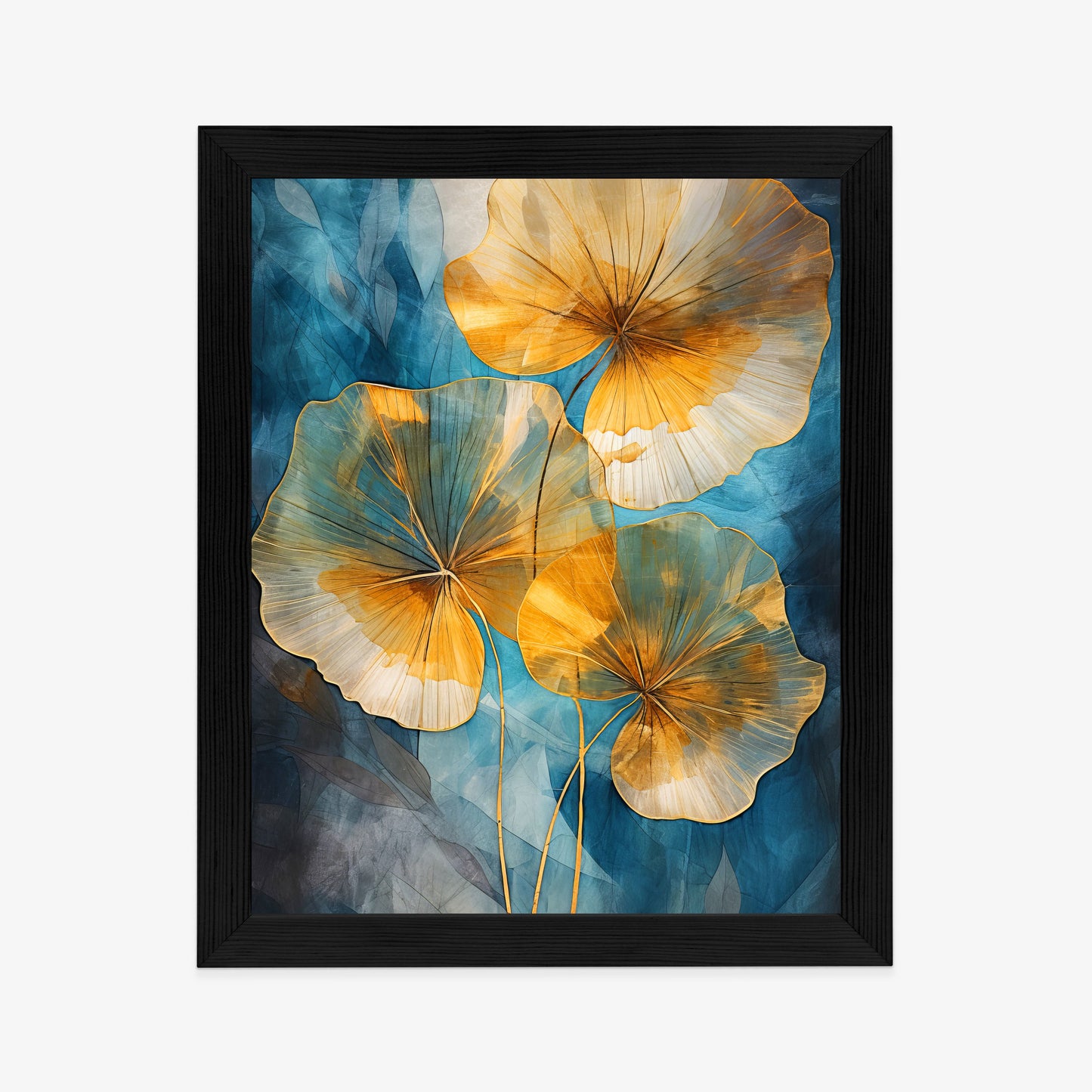 Poster Abstrakte Goldene Blätter Auf Blauem Hintergrund Rahmen Holz Mit Passepartout Farbe Natürlich