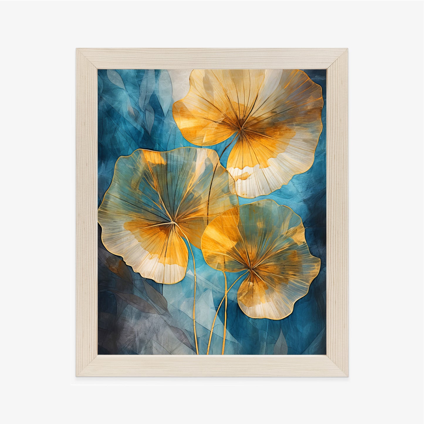 Poster Abstrakte Goldene Blätter Auf Blauem Hintergrund Rahmen Holz Mit Passepartout Farbe Natürlich